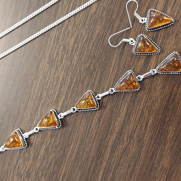 BALTIC Amber Stamped Sterling Silver Necklace Set - Picture 3 of 12